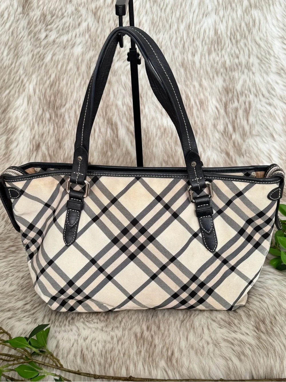 Vintage Burberry London Blue Label Black & Cream Check Shoulder Tote Bag